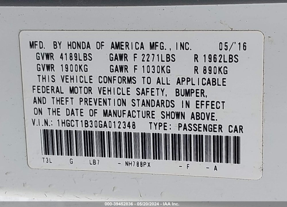 2016 HONDA ACCORD LX-S VIN: 1HGCT1B30GA012348