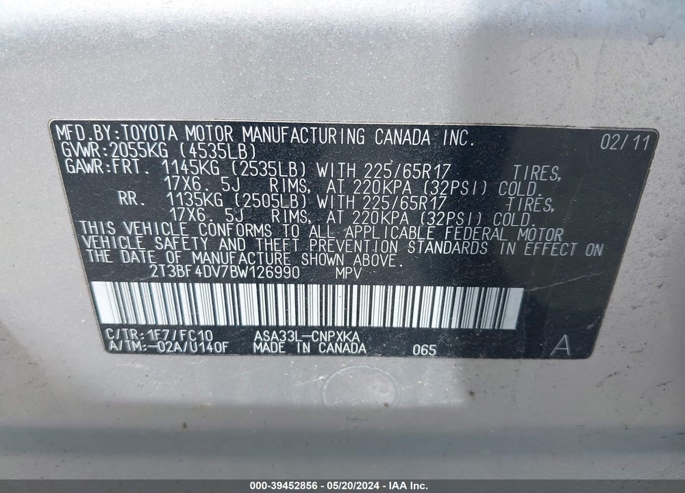 2011 TOYOTA RAV4 VIN: 2T3BF4DV7BW126990