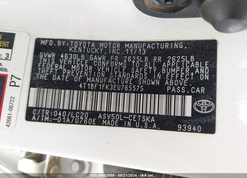 2014 TOYOTA CAMRY VIN: 4T1BF1FK3EU765575