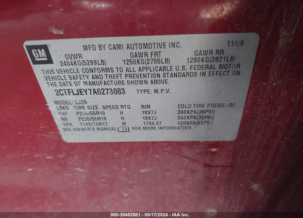 2010 GMC TERRAIN SLT-2 VIN: 2CTFLJEY7A6273083