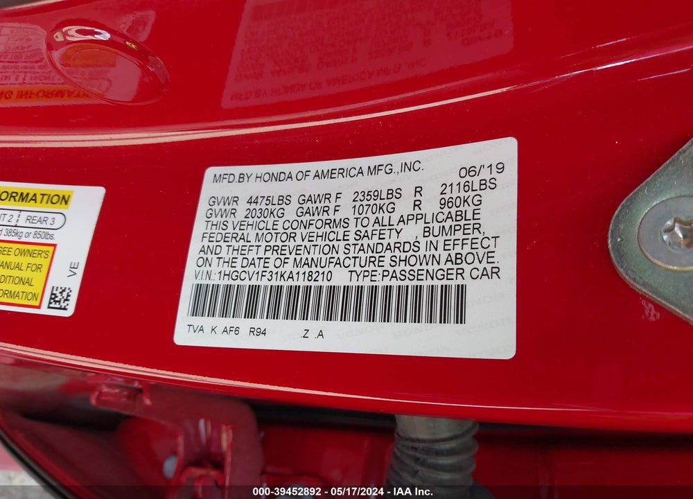2019 HONDA ACCORD SPORT VIN: 1HGCV1F31KA118210