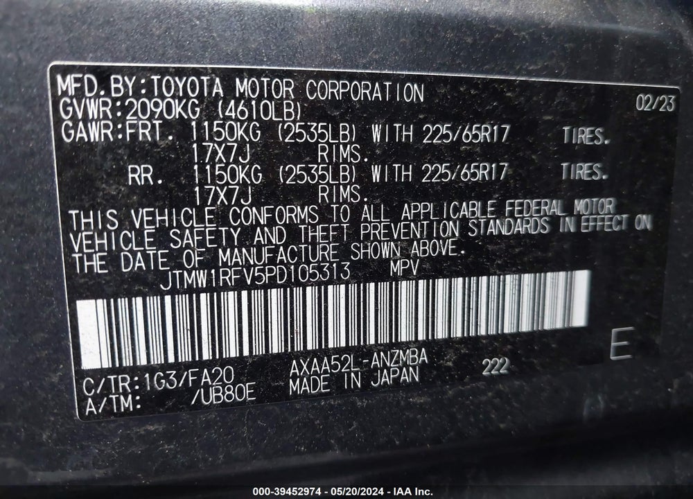 2023 TOYOTA RAV4 VIN: JTMW1RFV5PD105313