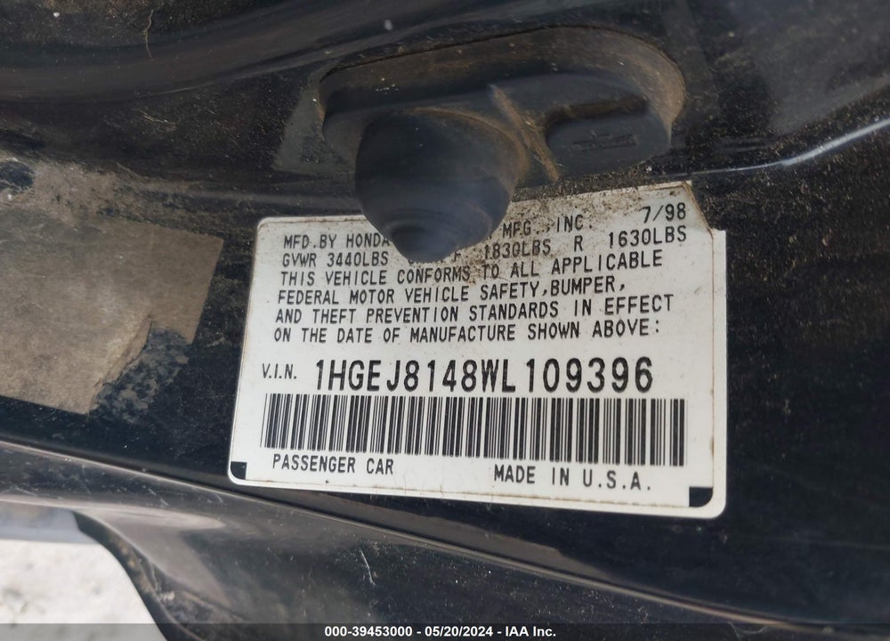 1998 HONDA CIVIC EX VIN: 1HGEJ8148WL109396