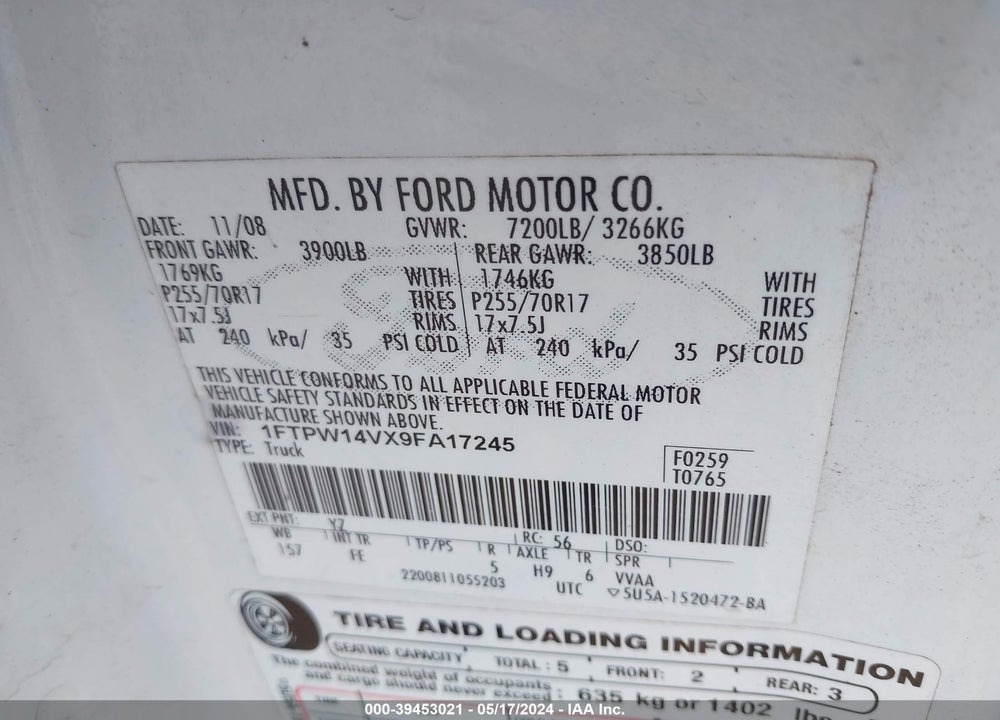 2009 KING FORD F-150 FX4/ RANCH/LARIAT/PLATINUM/XL/XLT VIN: 1FTPW14VX9FA17245