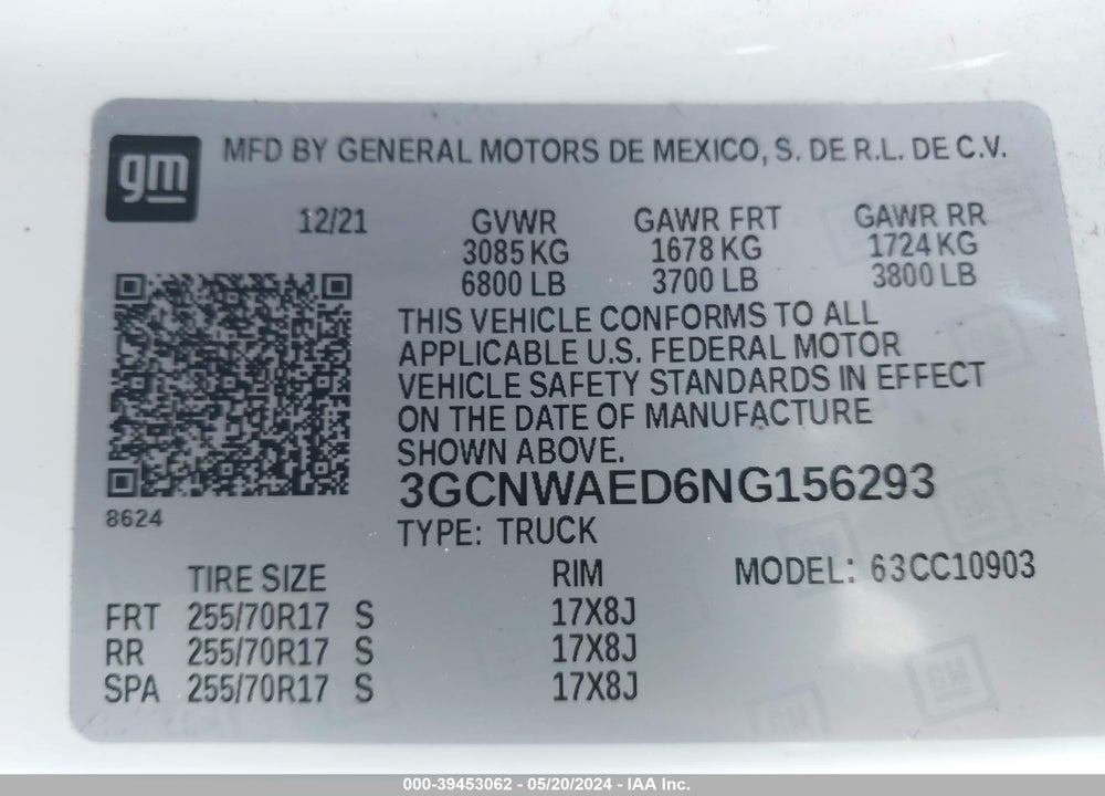 2022 CHEVROLET SILVERADO 1500 LTD 2WD REGULAR CAB LONG BED WT VIN: 3GCNWAED6NG156293