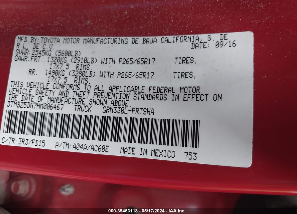2017 TOYOTA TACOMA TRD SPORT VIN: 3TMBZ5DN7HM006467
