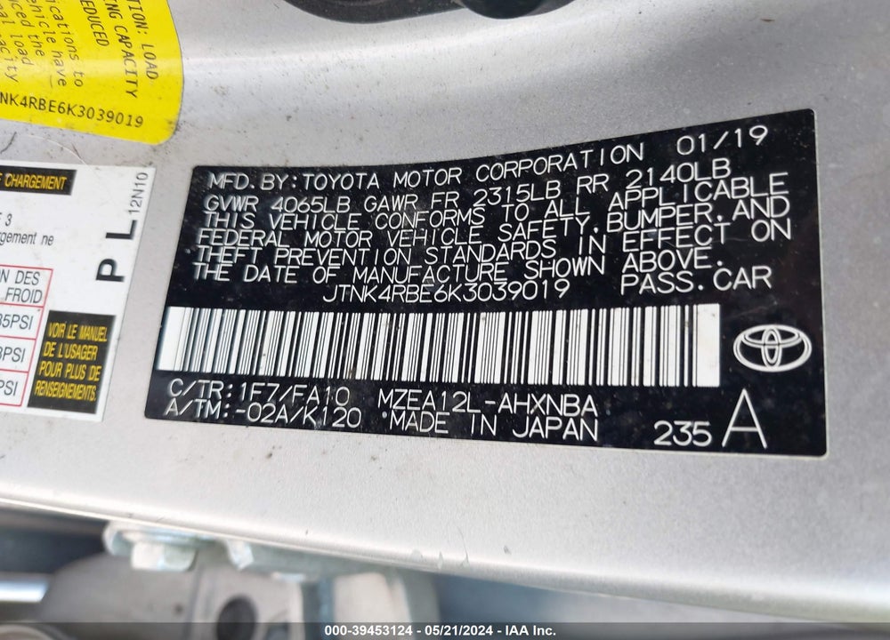 2019 TOYOTA COROLLA SE VIN: JTNK4RBE6K3039019
