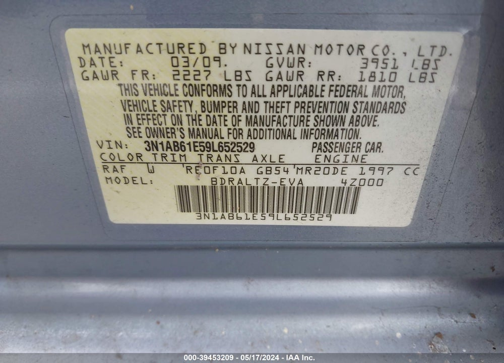 2009 NISSAN SENTRA 2.0S VIN: 3N1AB61E59L652529