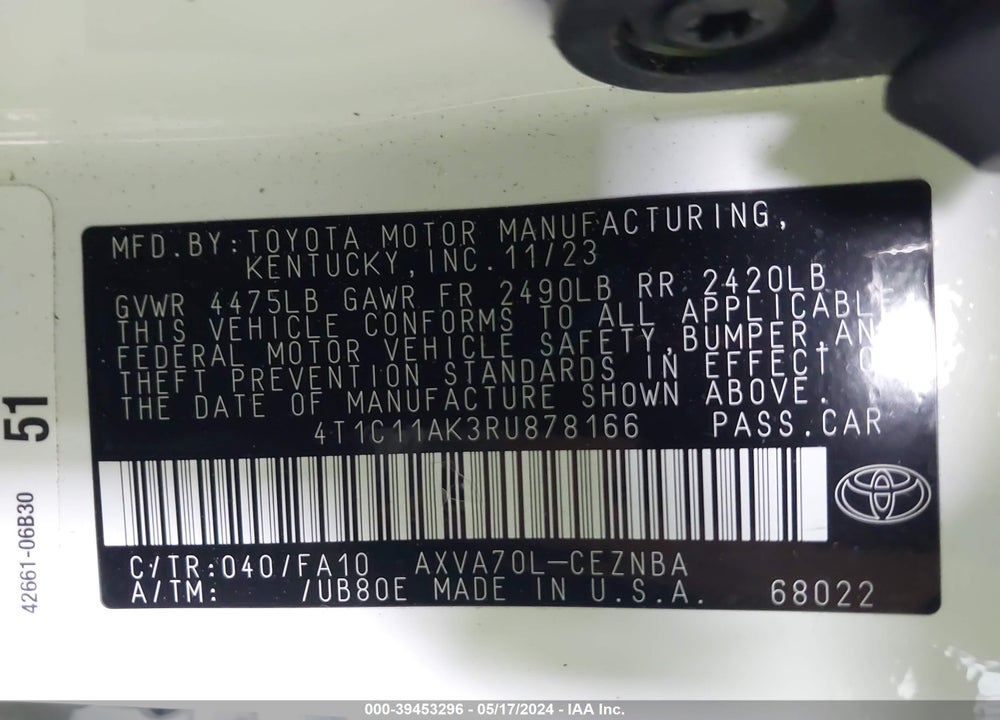 2024 TOYOTA CAMRY LE VIN: 4T1C11AK3RU878166