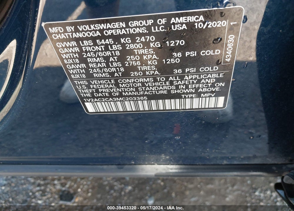 2021 VOLKSWAGEN ATLAS CROSS SPORT 2.0T S VIN: 1V2AC2CA3MC203365