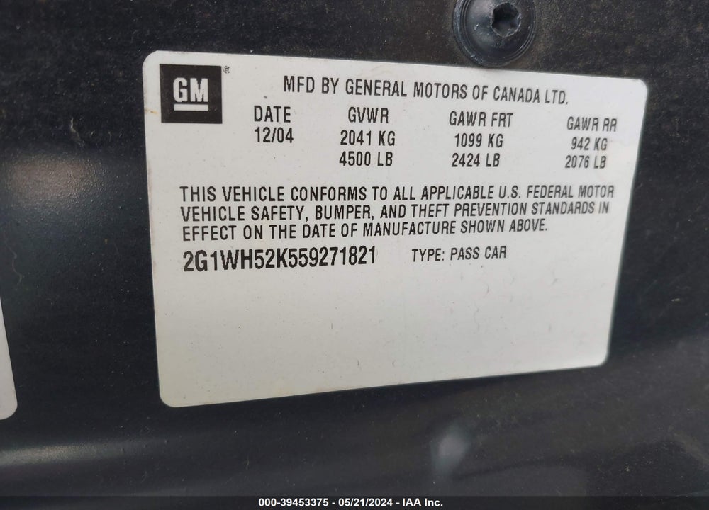 2005 CHEVROLET IMPALA LS VIN: 2G1WH52K559271821