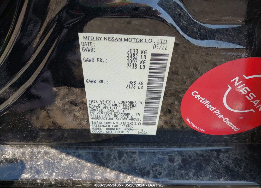 2022 NISSAN ALTIMA SV INTELLIGENT AWD VIN: 1N4BL4DW1NN381010