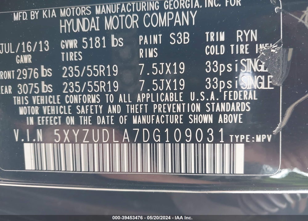 2013 HYUNDAI SANTA FE SPORT 2.0T VIN: 5XYZUDLA7DG109031