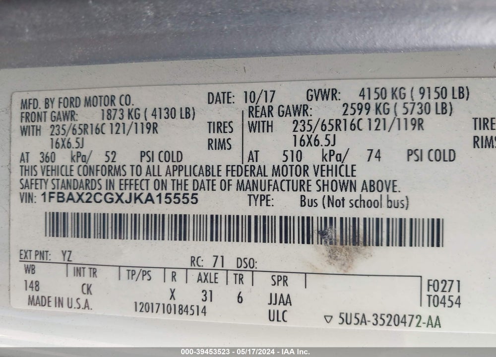 2018 FORD TRANSIT-350 XLT VIN: 1FBAX2CGXJKA15555