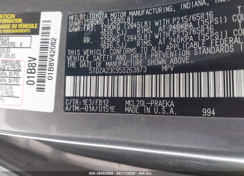 2005 TOYOTA SIENNA LE VIN: 5TDZA23C95S263873