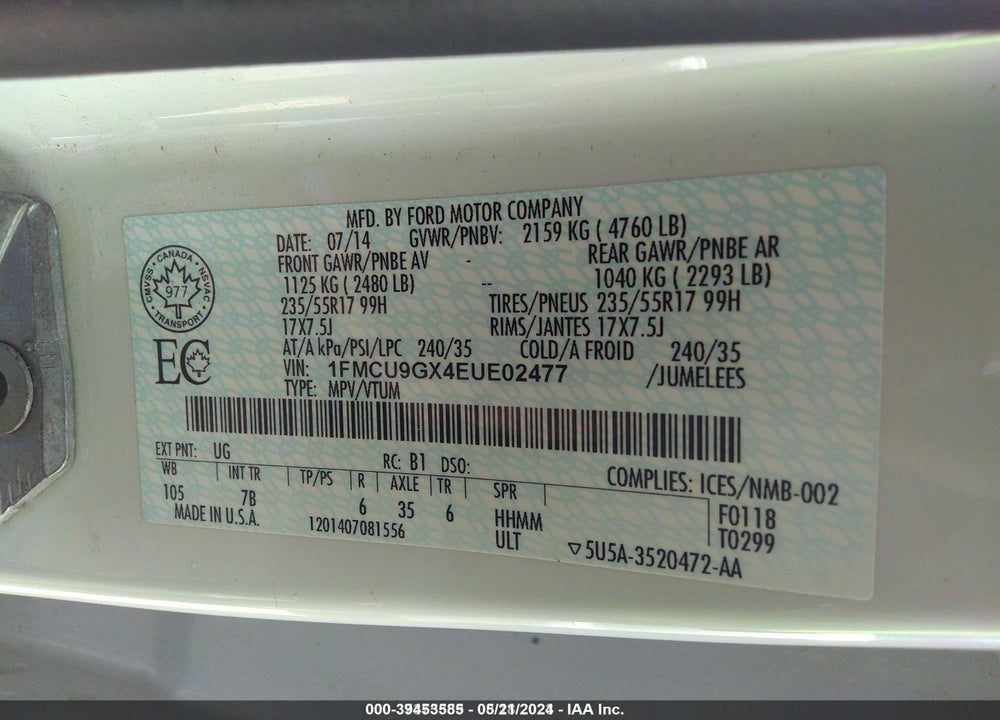 2014 FORD ESCAPE SE VIN: 1FMCU9GX4EUE02477