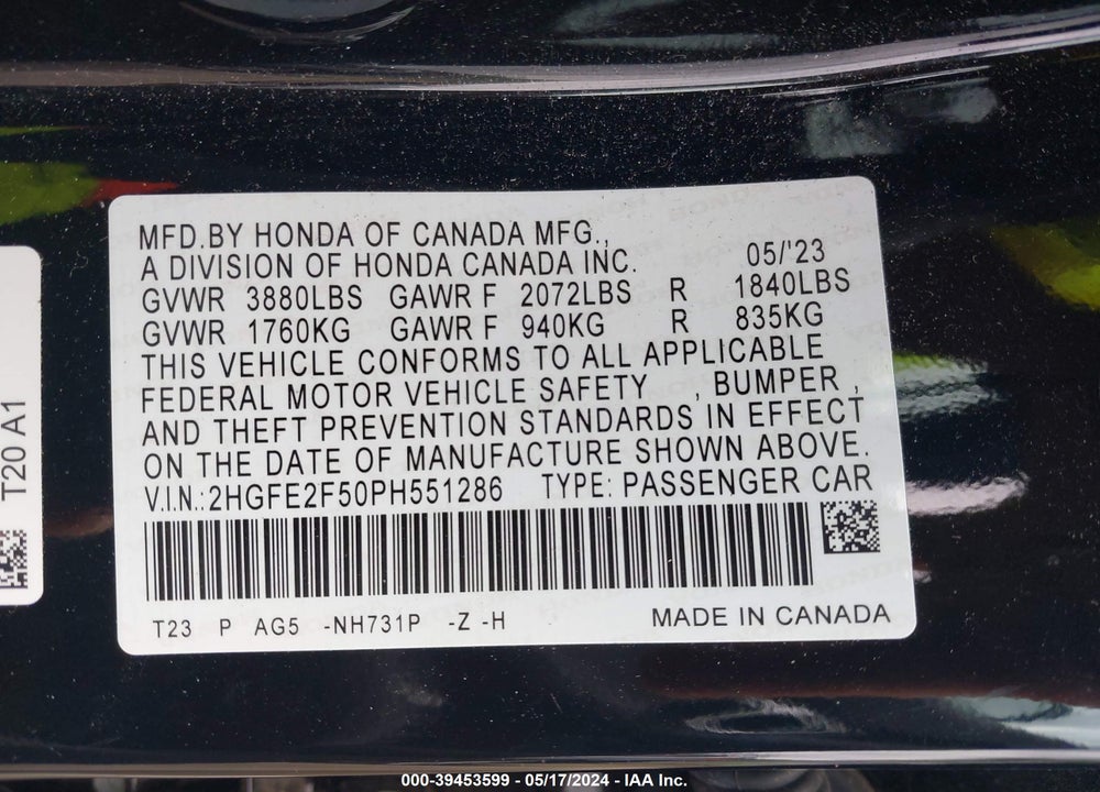 2023 HONDA CIVIC SPORT VIN: 2HGFE2F50PH551286