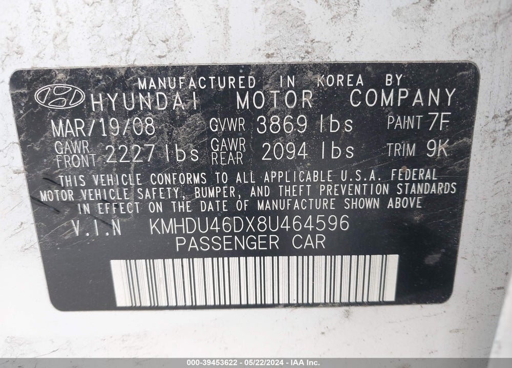 2008 HYUNDAI ELANTRA GLS/SE VIN: KMHDU46DX8U464596