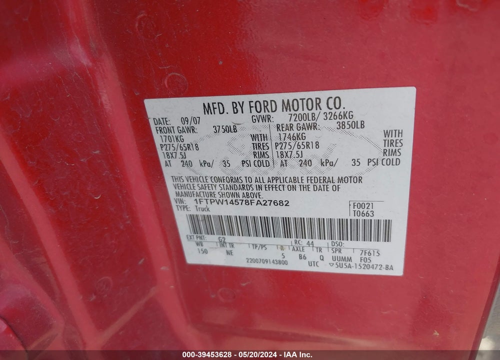 2008 FORD F-150 XLT VIN: 1FTPW14578FA27682
