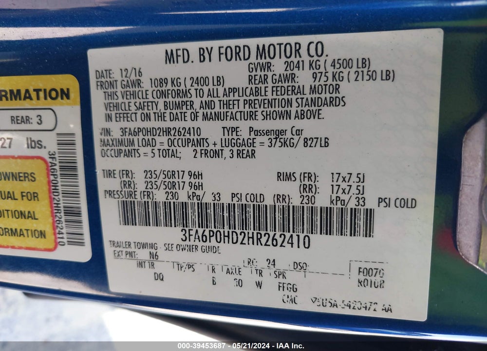 2017 FORD FUSION VIN: 3FA6P0HD2HR262410