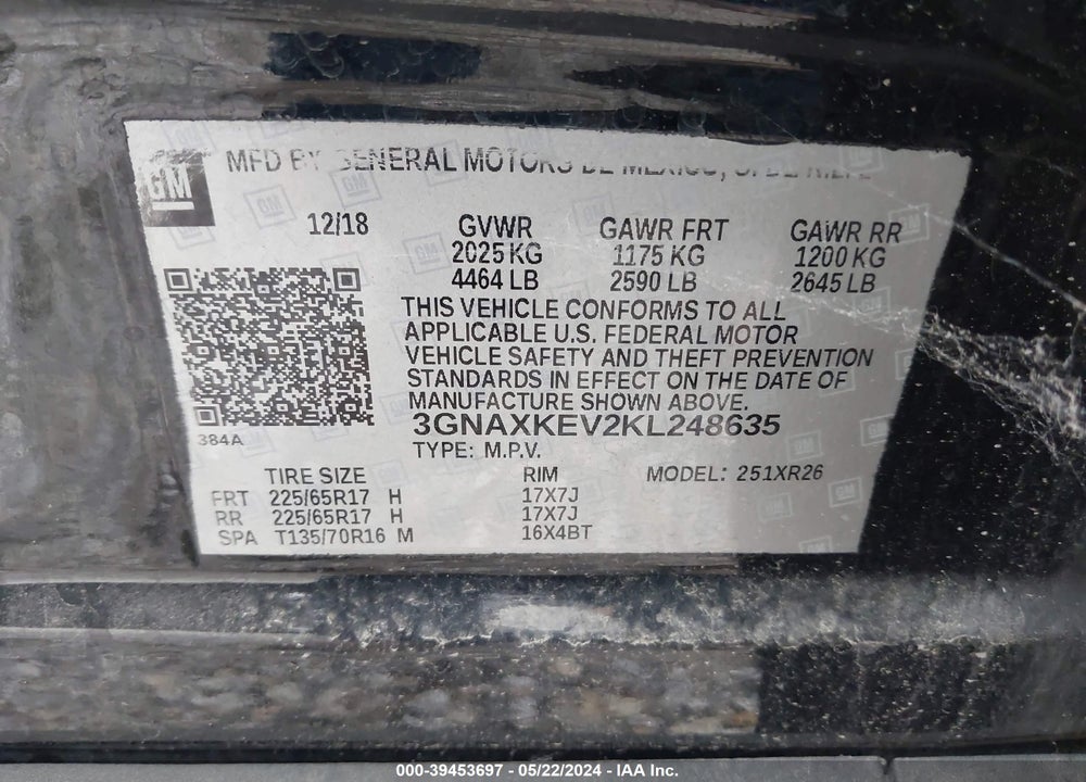 2019 CHEVROLET EQUINOX LT VIN: 3GNAXKEV2KL248635