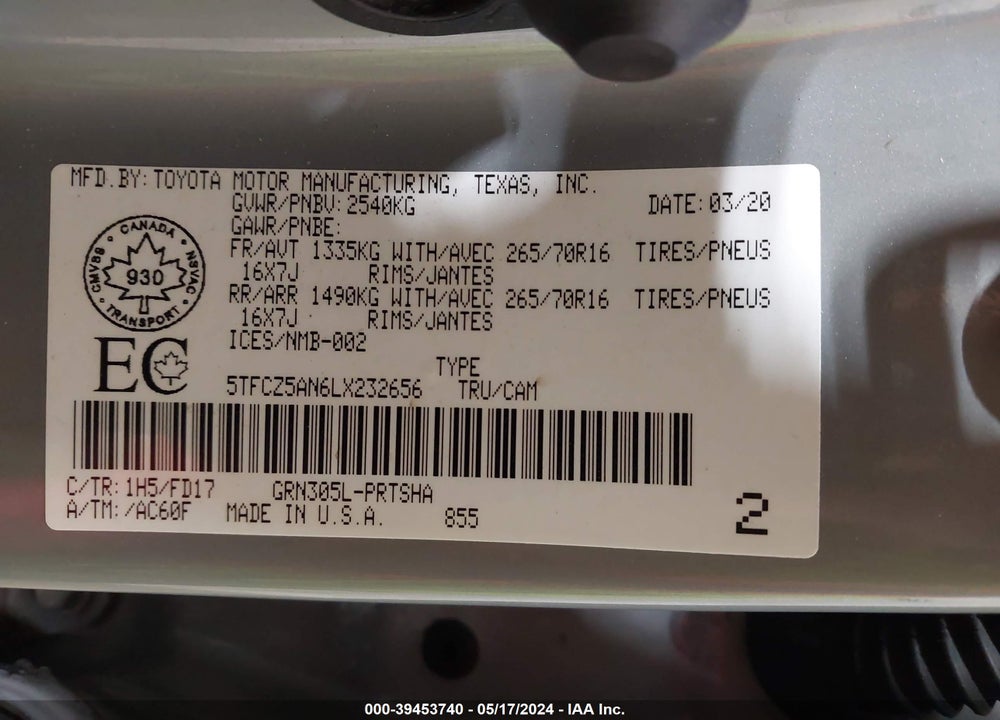 2020 TOYOTA TACOMA TRD SPORT VIN: 5TFCZ5AN6LX232656