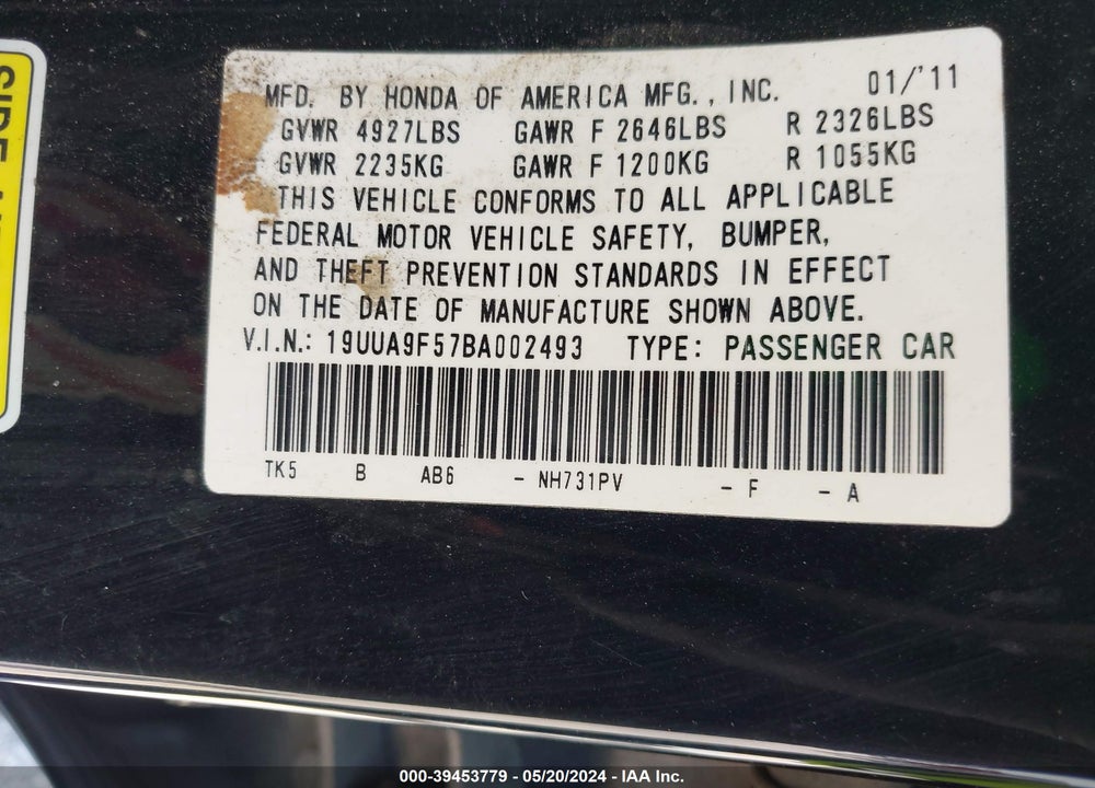 2011 ACURA TL 3.7 VIN: 19UUA9F57BA002493