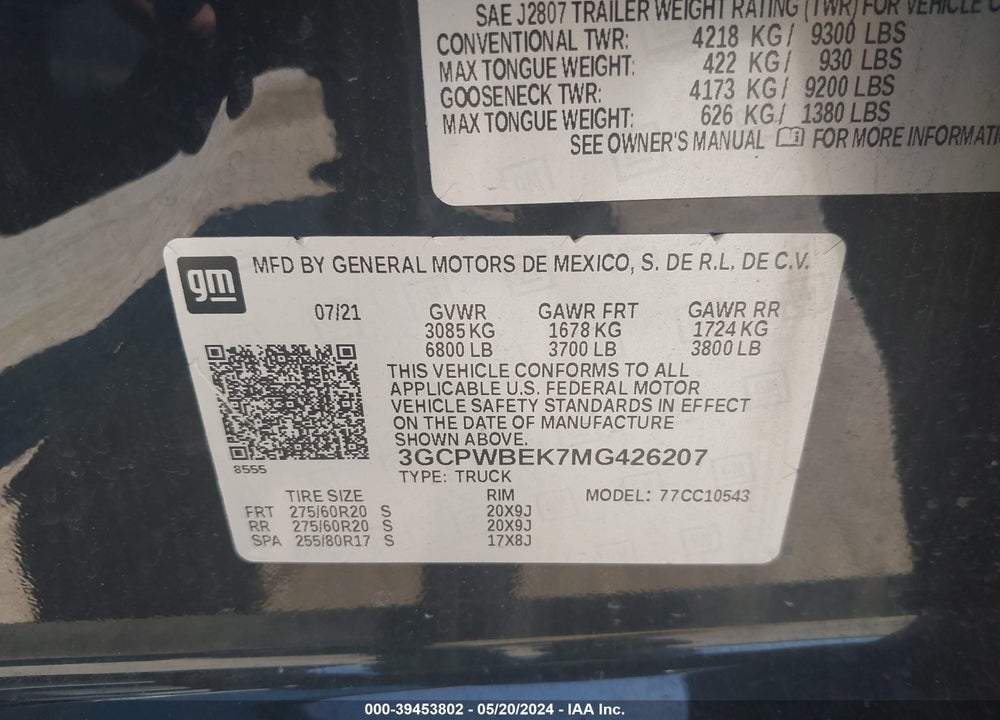 2021 CHEVROLET SILVERADO 1500 2WD SHORT BED CUSTOM VIN: 3GCPWBEK7MG426207