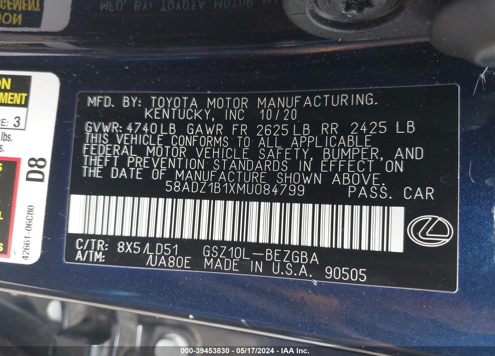 2021 LEXUS ES 350 VIN: 58ADZ1B1XMU084799