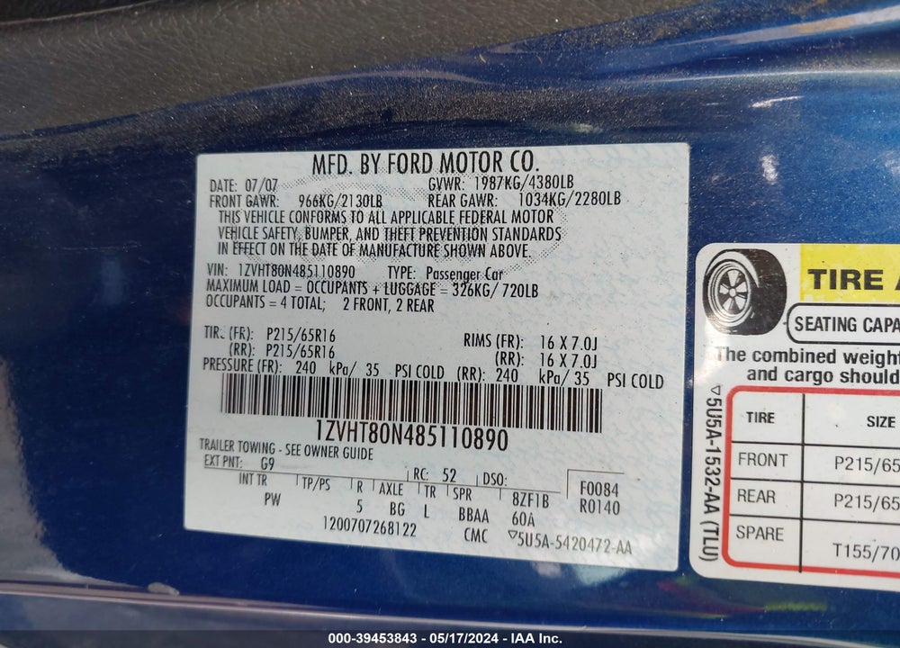 2008 FORD MUSTANG VIN: 1ZVHT80N485110890