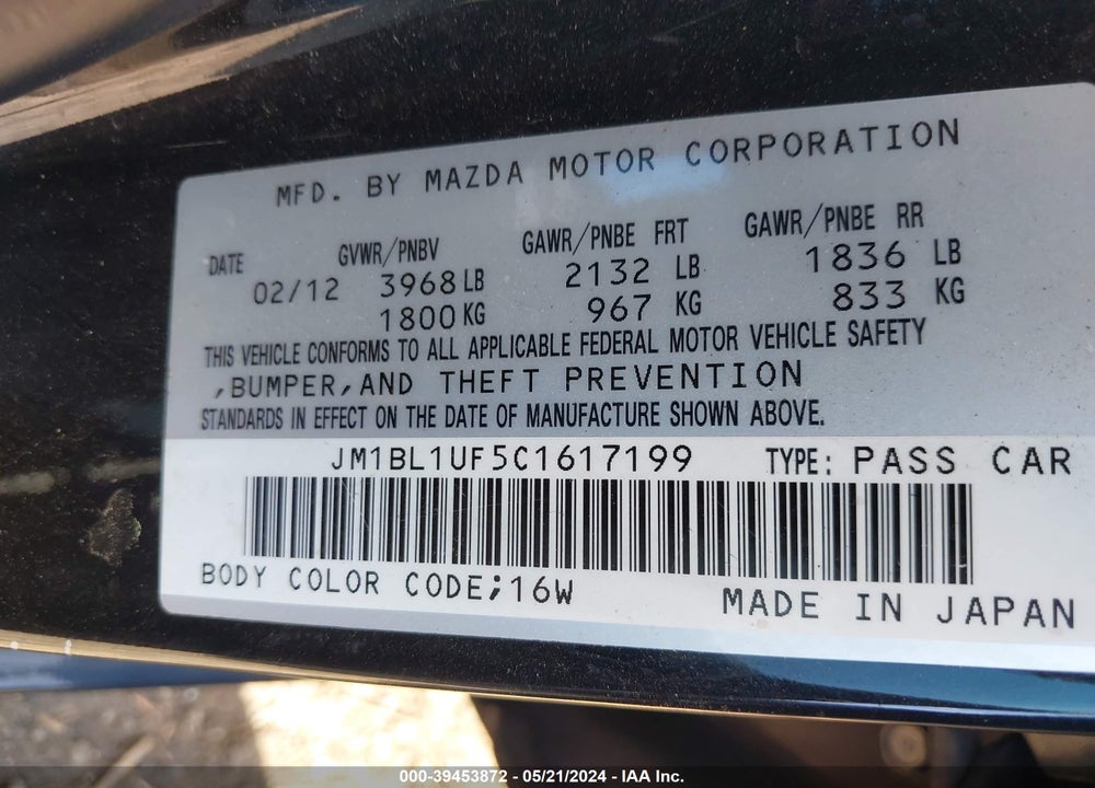 2012 MAZDA 3 I SPORT VIN: JM1BL1UF5C1617199