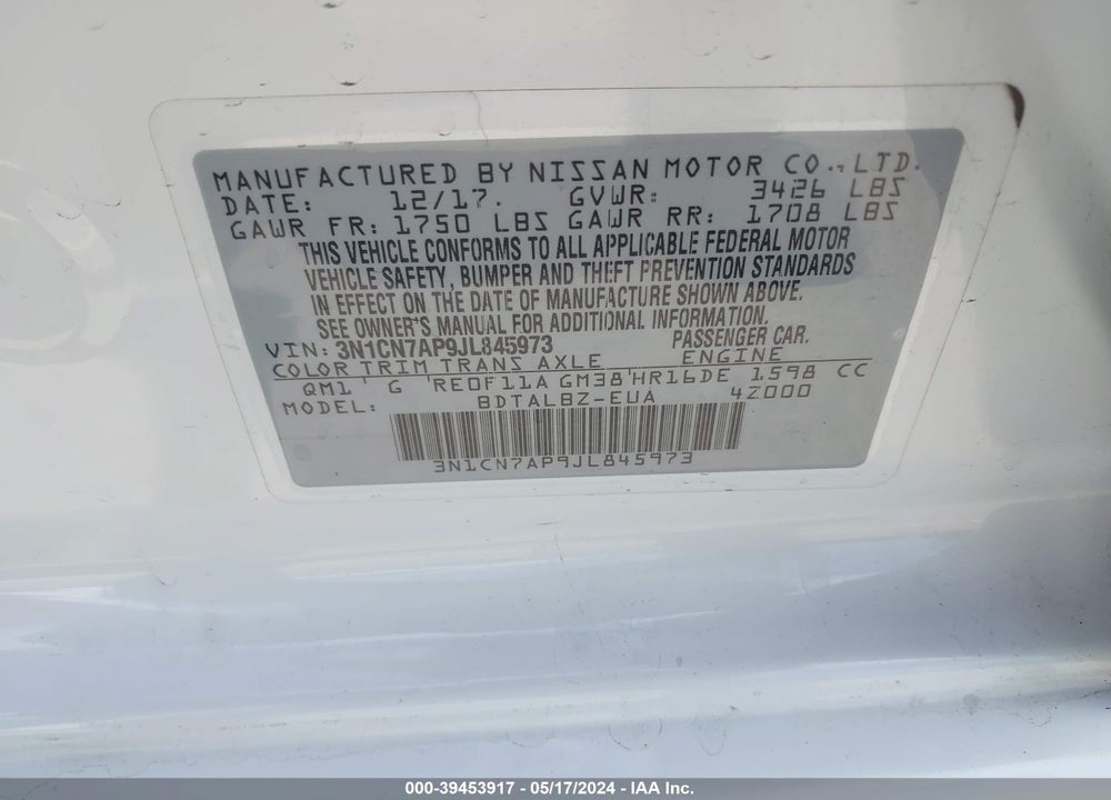 2018 NISSAN VERSA 1.6 SV VIN: 3N1CN7AP9JL845973