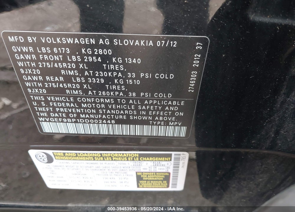 2013 VOLKSWAGEN TOUAREG VR6 EXECUTIVE VIN: WVGEF9BP1DD002448