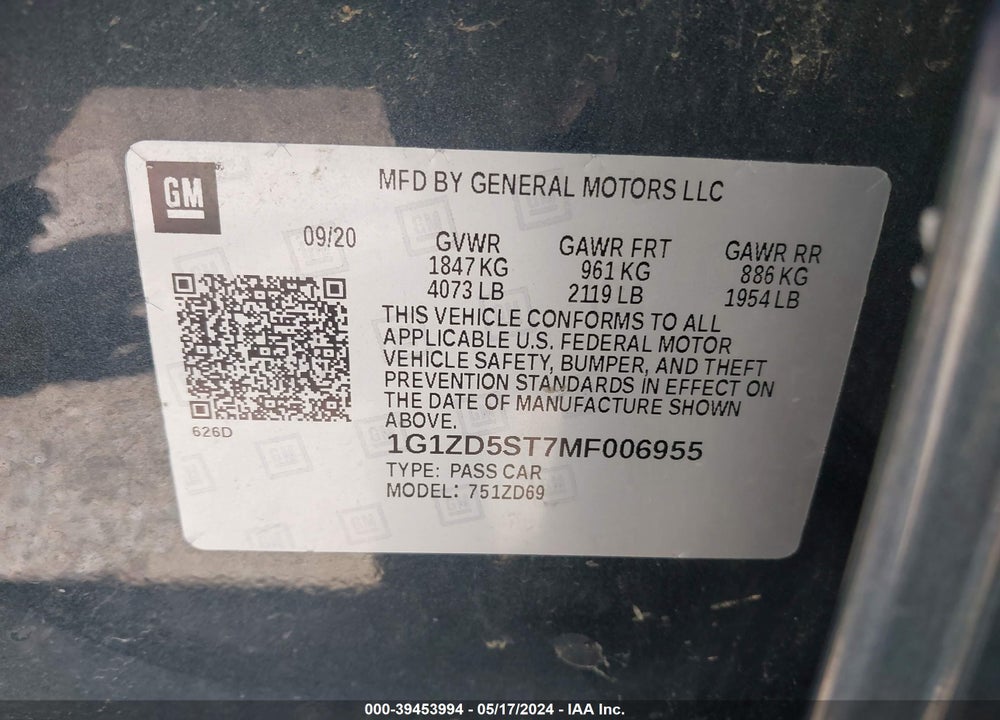 2021 CHEVROLET MALIBU FWD LT VIN: 1G1ZD5ST7MF006955