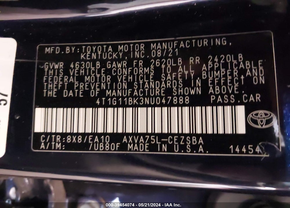 2022 TOYOTA CAMRY VIN: 4T1G11BK3NU047888