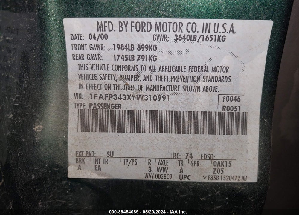 2000 FORD FOCUS SE VIN: 1FAFP343XYW310991