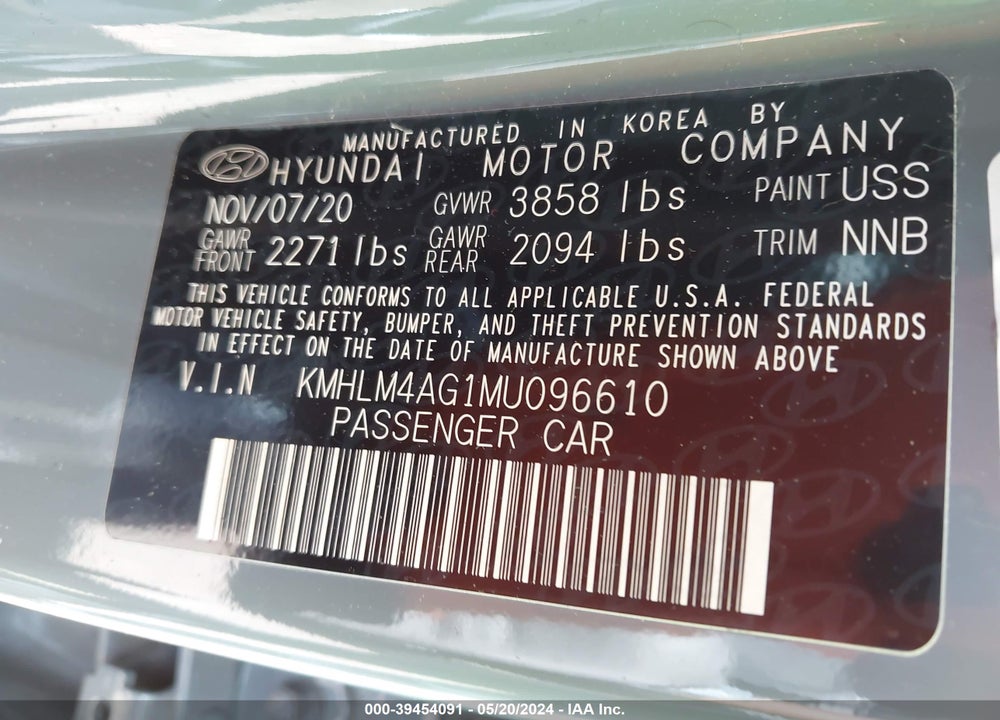 2021 HYUNDAI ELANTRA SEL VIN: KMHLM4AG1MU096610