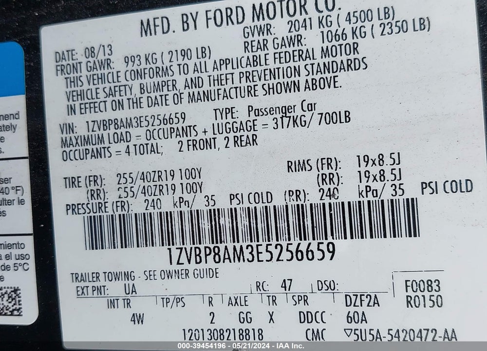 2014 FORD MUSTANG V6 PREMIUM VIN: 1ZVBP8AM3E5256659