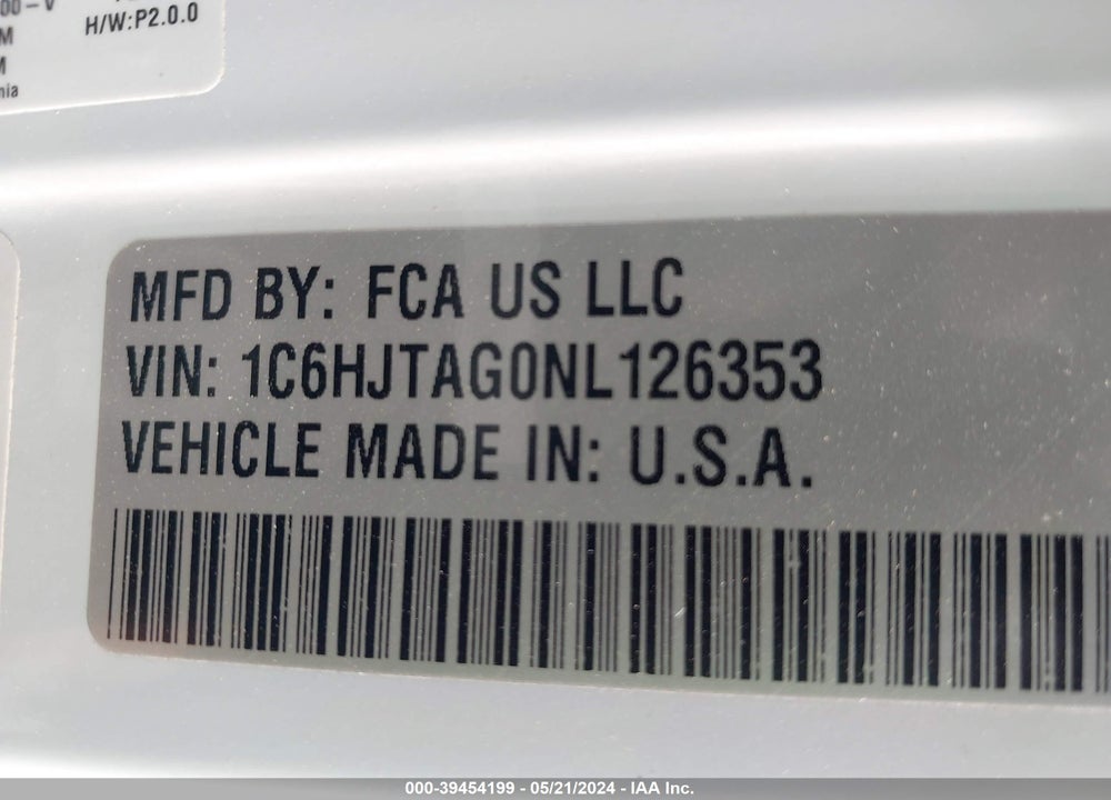2022 JEEP GLADIATOR ALTITUDE 4X4 VIN: 1C6HJTAG0NL126353