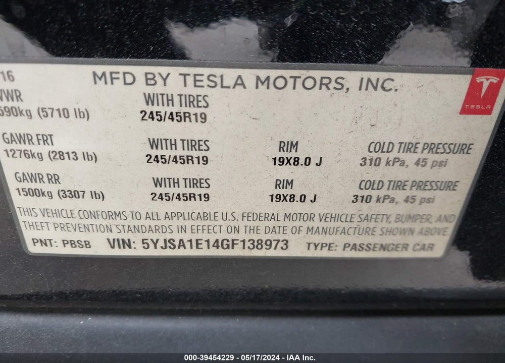 2016 TESLA MODEL S 60/70/75/85 VIN: 5YJSA1E14GF138973