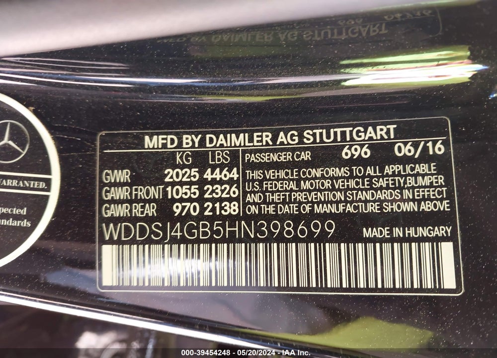 2017 MERCEDES-BENZ CLA 250 4MATIC VIN: WDDSJ4GB5HN398699