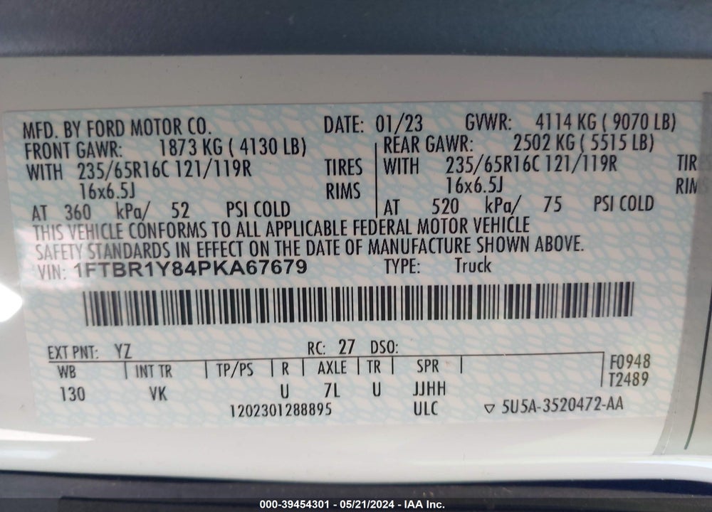 2023 FORD TRANSIT-250 VIN: 1FTBR1Y84PKA67679