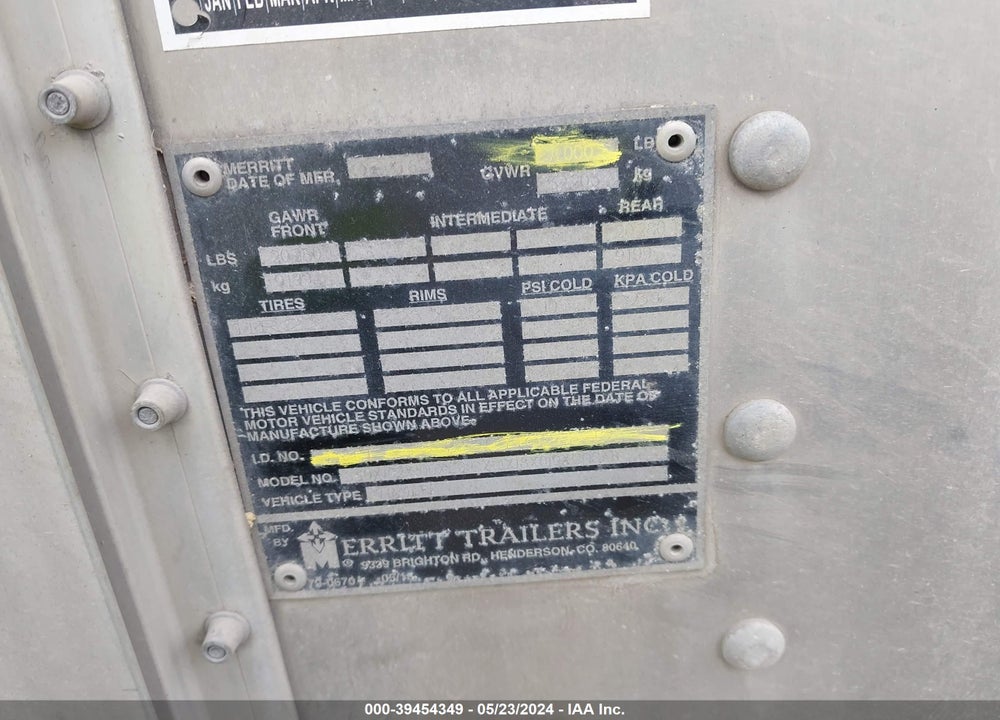 2019 MERRITT EQUIPMENT CO TRAILER VIN: 1MT2N5323KH028147