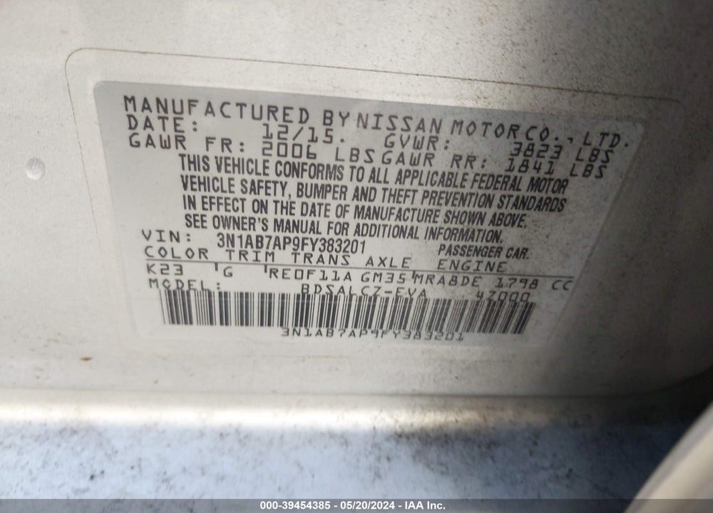 2015 NISSAN SENTRA S VIN: 3N1AB7AP9FY383201