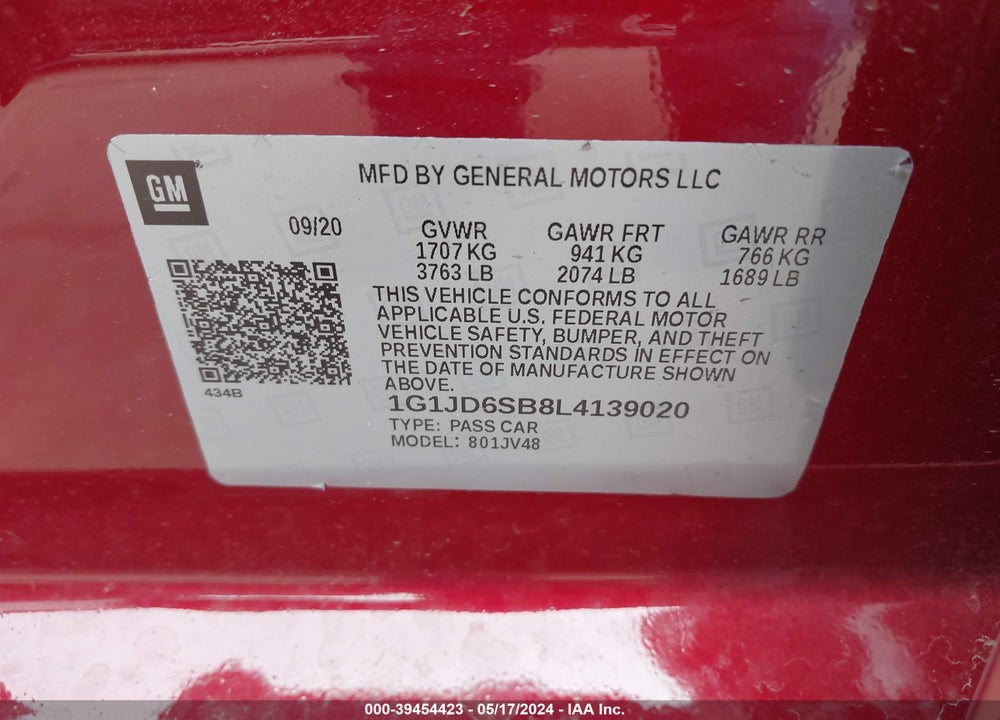 2020 CHEVROLET SONIC FWD  LT 5-DOOR VIN: 1G1JD6SB8L4139020
