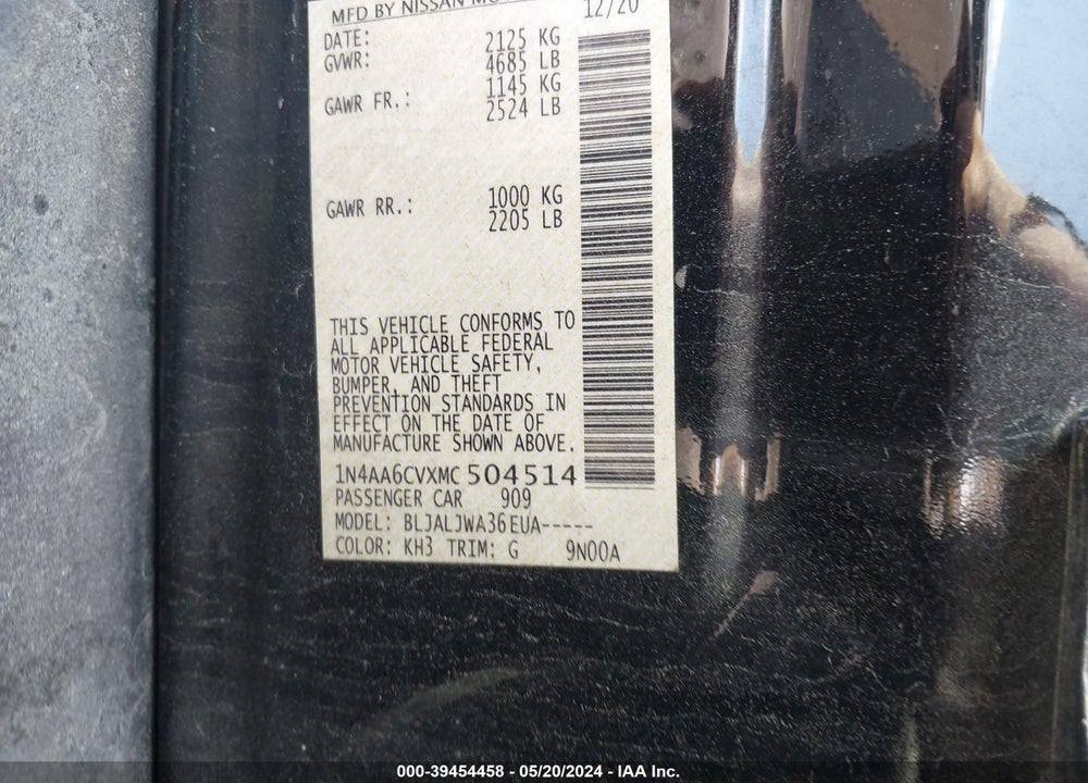2021 NISSAN MAXIMA SV XTRONIC CVT VIN: 1N4AA6CVXMC504514
