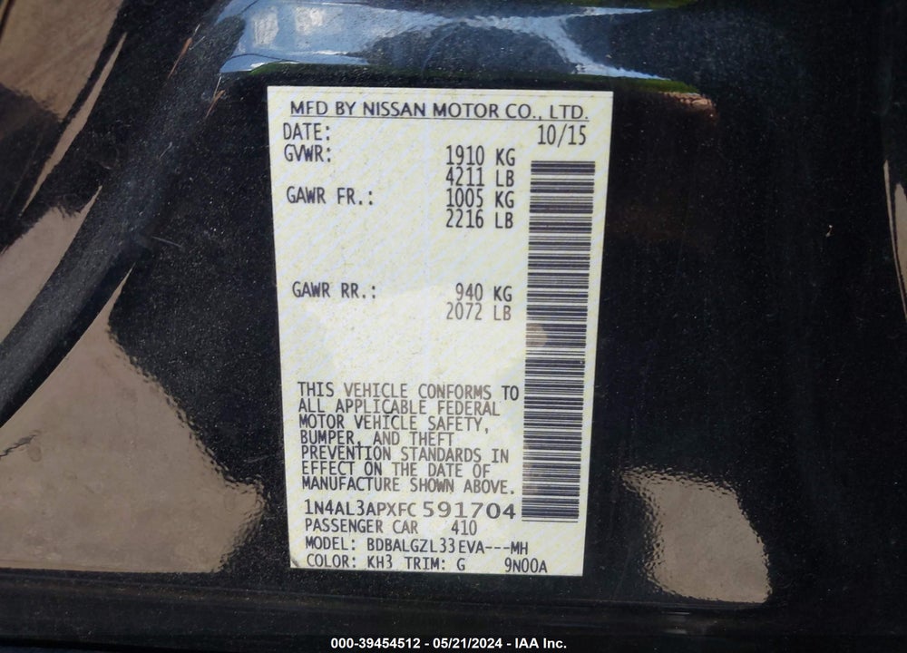 2015 NISSAN ALTIMA 2.5 S VIN: 1N4AL3APXFC591704