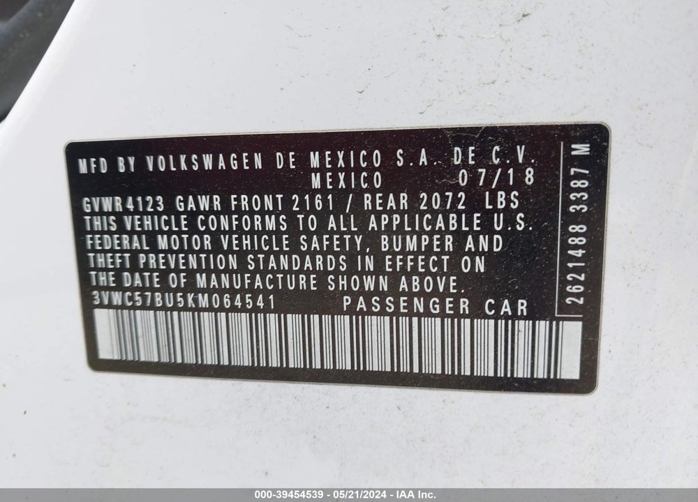 2019 VOLKSWAGEN JETTA 1.4T R-LINE/1.4T S/1.4T SE VIN: 3VWC57BU5KM064541