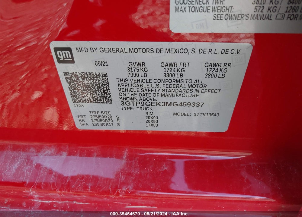 2021 GMC SIERRA 1500 4WD SHORT BOX ELEVATION WITH 3VL VIN: 3GTP9GEK3MG459337