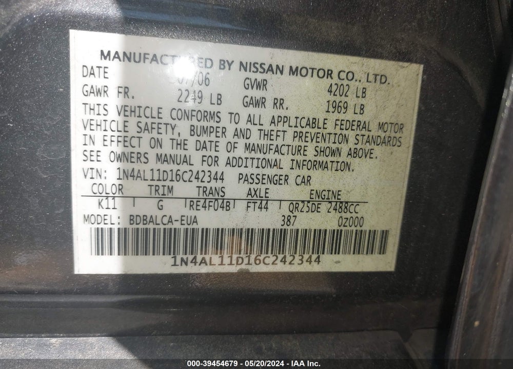 2006 NISSAN ALTIMA 2.5 S VIN: 1N4AL11D16C242344